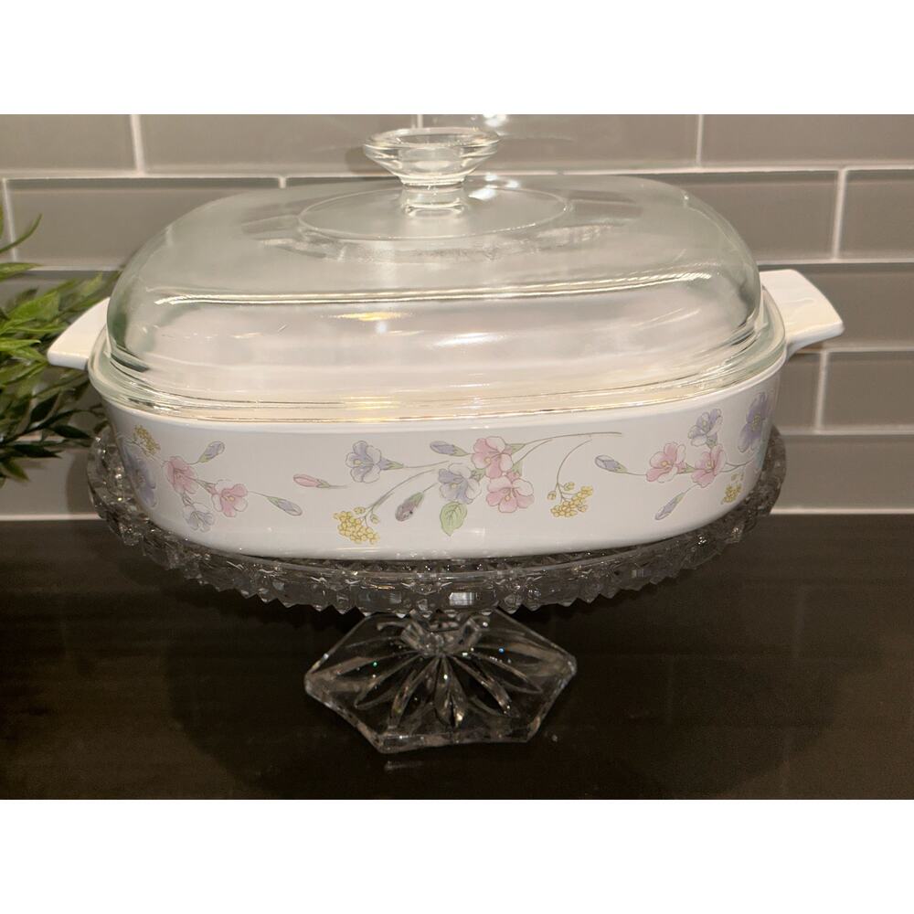 Vintage CorningWare Pastel Bouquet A-10-B 10" Covered Casserole w/Pyrex Lid